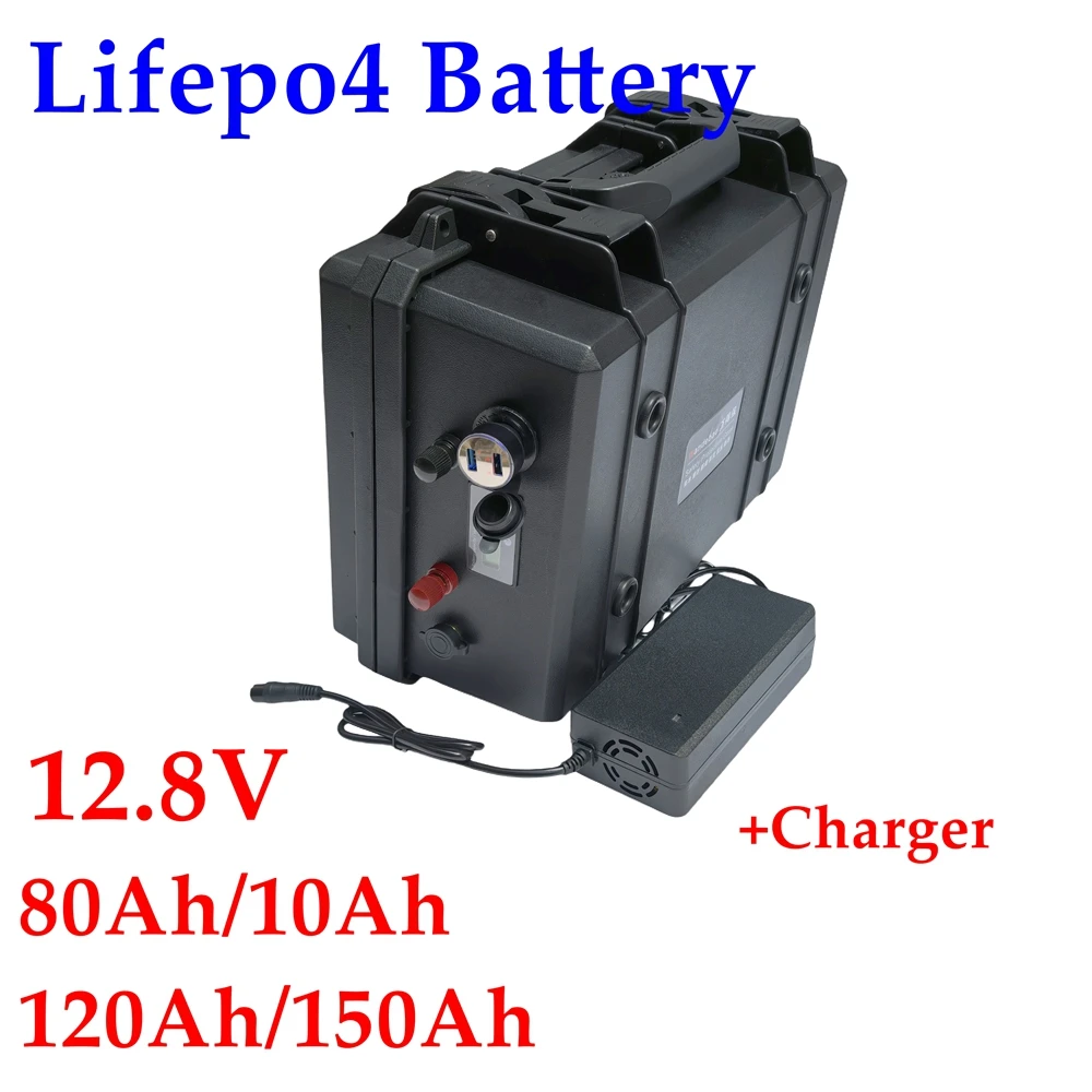 Batterie 12v80Ah 100Ah 120Ah 150Ah LiFePO4 avec chargeur 10A pour batterie d'hélice de bateau, camping-car/scooter, chariot de g