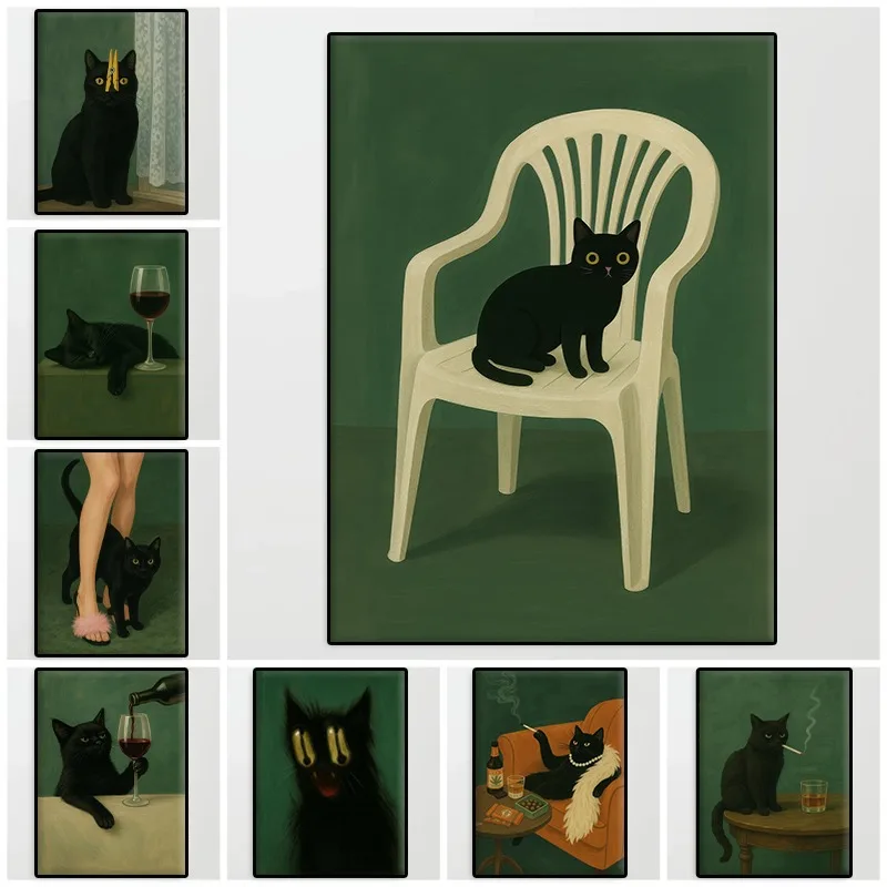 Moody Black Cat Green Background Poster Smoking Cats with Whiskey Canvas Painting Humor Animal Wall Art Living Room Home Decor