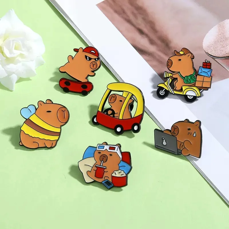 HeYe Cute Capybara Animal Cartoon Costume Hat, Bag, Pencil Case, Badge, Brooch, Pin, Accessories Gift Set of 6