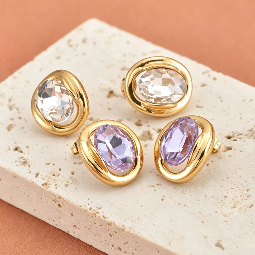 JeeMango Purple White Stainless Steel Oval Cubic Zirconia Stud Earrings for Women Delicate Shiny Daily Jewelry Wholesale E26131