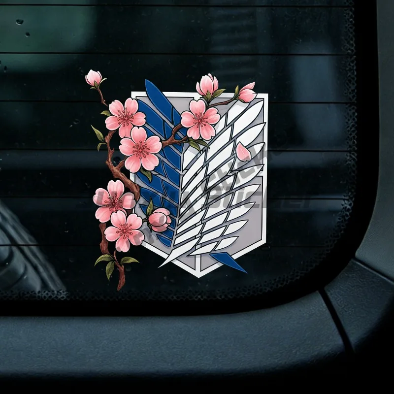 Cherry Blossom and Wings of Freedom Badge, JDM Triangular Window Car Decoration, Waterproof Computer Motorcycle Sticker