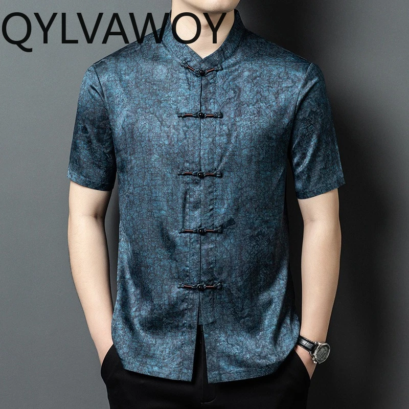 QYLVAWOY Men's Shirts Short Sleeve Shirt Summer Tops Frog Button Shirts for Man Stand Collar Cool Camisas Masculina Premium