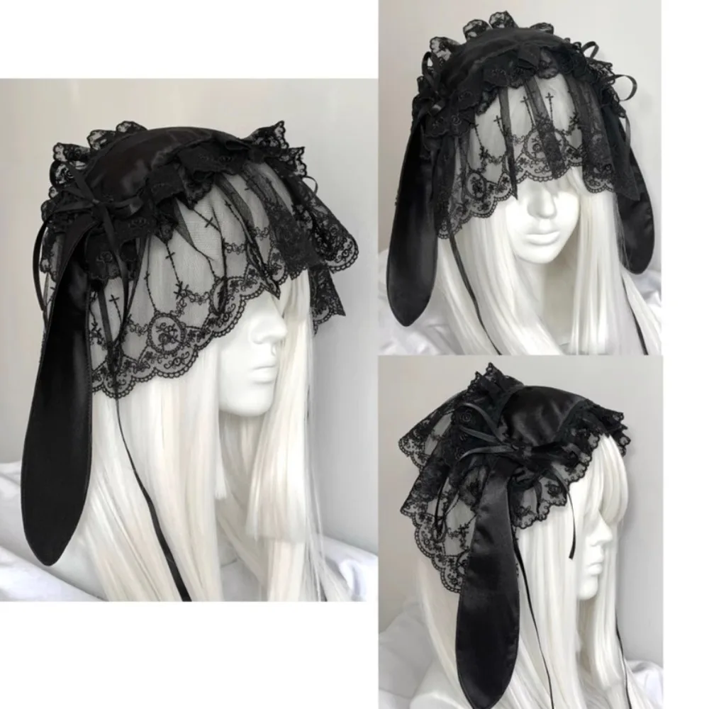 

Black Bubble Original Handmade Lolita Rabbit Ear Headband Can Be Worn Before and After Girls Fashion Lace Cute Headgear