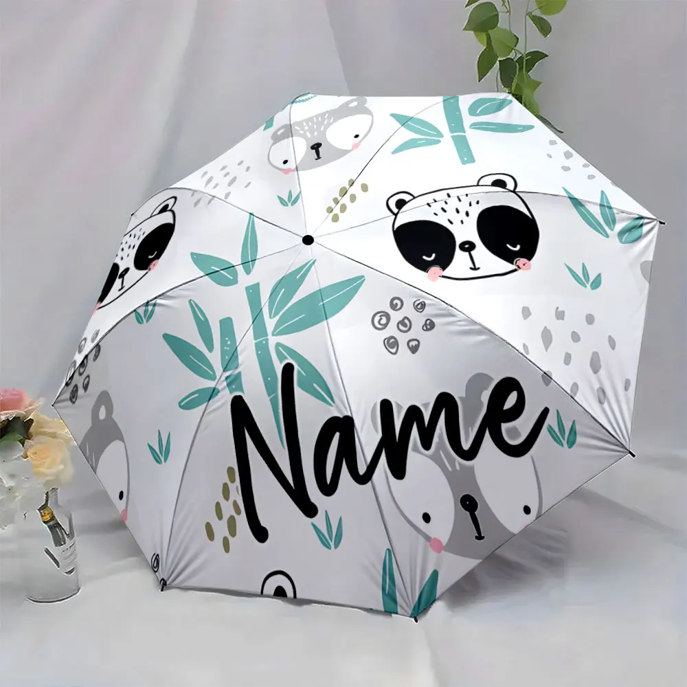 Custom Name Umbrella Adorable Panda Umbrella with Bamboo Patterns Print 8 Iron Ribs Folding Umbrella Auto-Open Fashion Sunshade