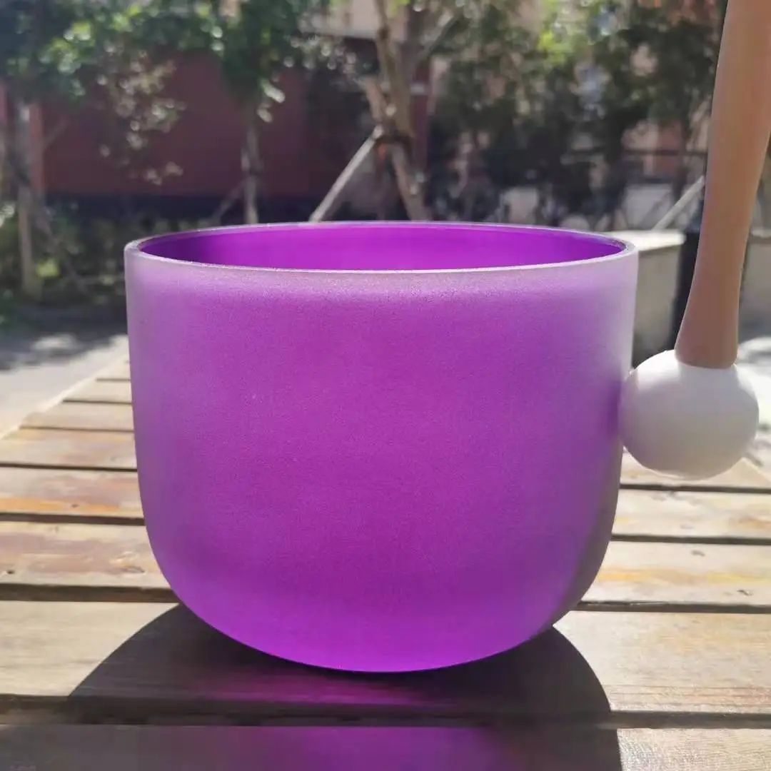 Hye-eun 8 Inch 440hz/432hz ABEFG Note Candy Purple Chakra Frosted Quartz Crystal Singing Bowl with Mallet and O-ring