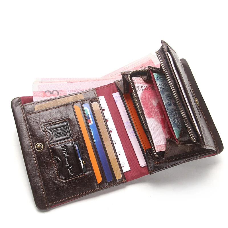 CONTACT'S 100% Genuine Leather RFID Men Wallet Zipper Retro Coin Purse Male Bifold  Card Holder Wallet