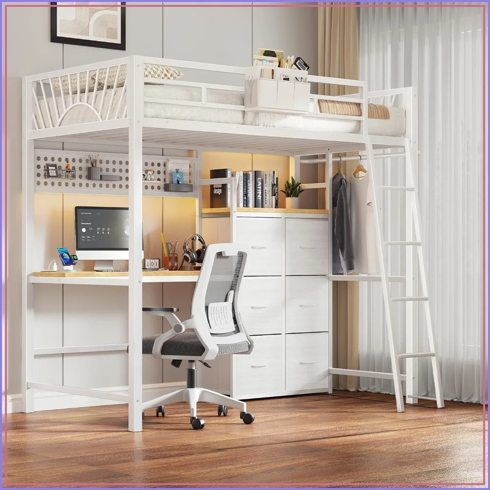 White Twin Loft Bed with Desk, 6 Drawers, Charging Station, RGB LED Lights, Pegboard & Hanging Rod