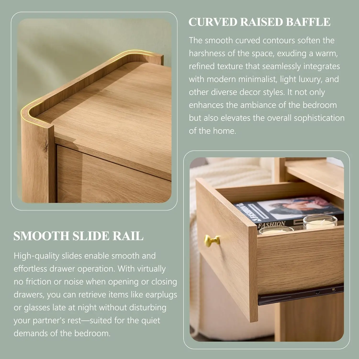 23.6' Tall Modern Nightstand with Charging Station, 22' Wide Wooden Bedside Table with Drawer, Natural Finish