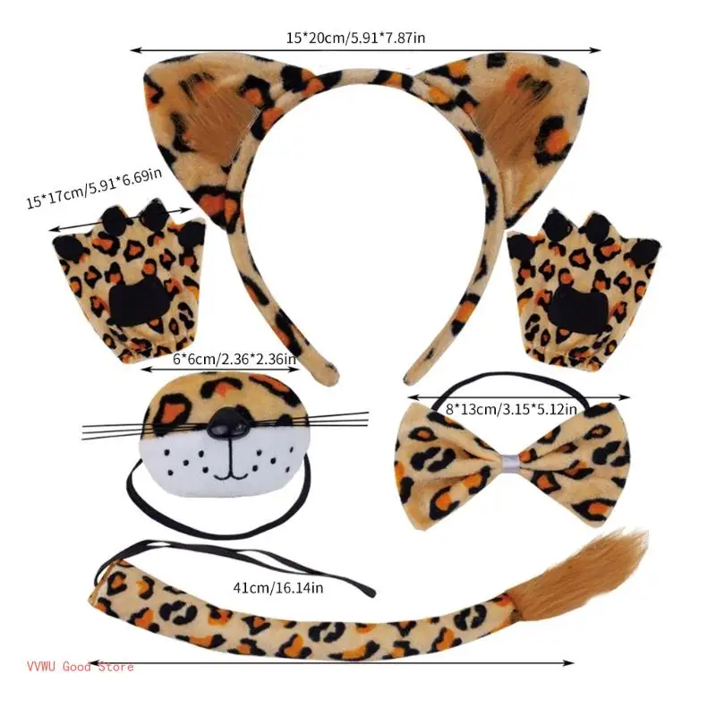 Animal Costume Leopard Ears Headbands Tail Bows Nose Halloween Cosplays Props