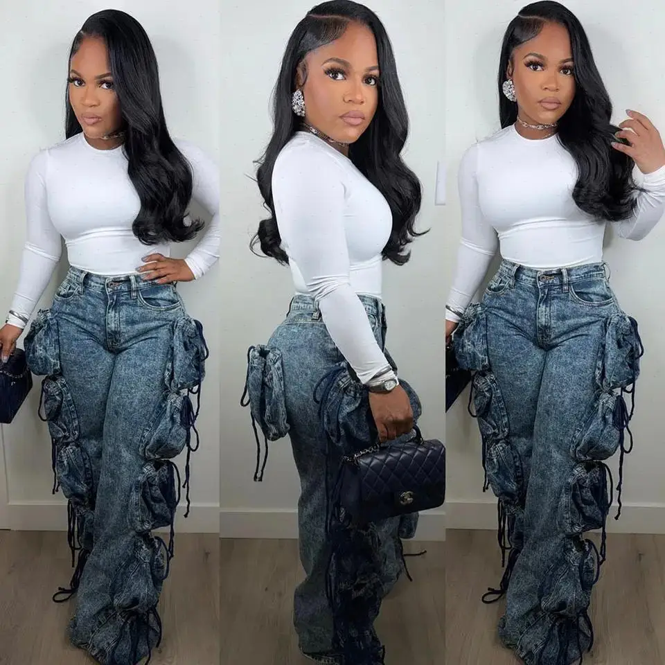 Denim Pant Women Jeans Vintage Straight Long Pants High Waist Pocket Lace Up Trousers Y2k Streetwear Elegant Splice Cargo Casual