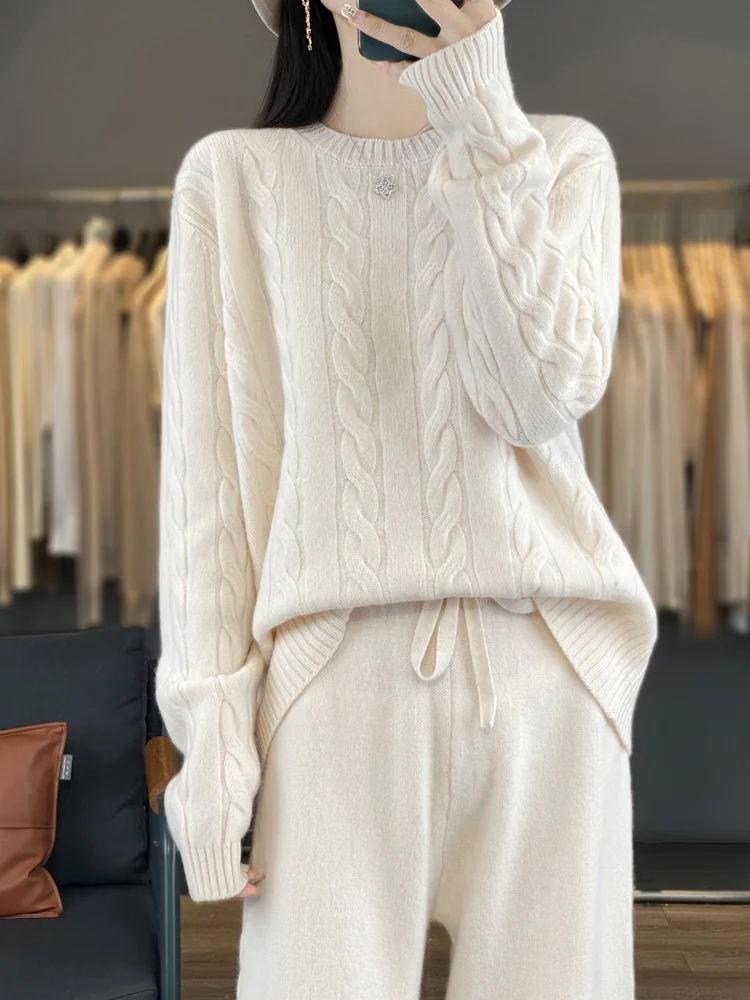 High Quality Wool Knitted Two Piece Set Autumn Winter New Women Solid O-neck Sweater and High Waist Wide Leg Pants Matching Suit