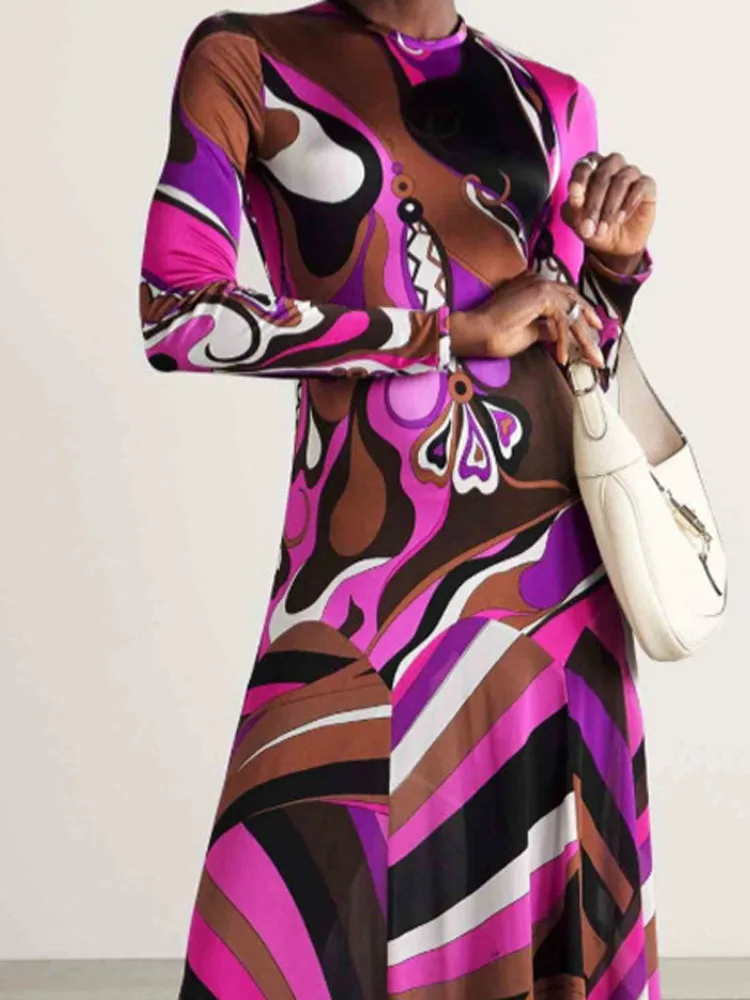 Women's Casual Long Sleeve Bohemian Party Dress Vintage Pattern Print Vacation Dress Elegant O-neck Hight Waist Slim Long Dress