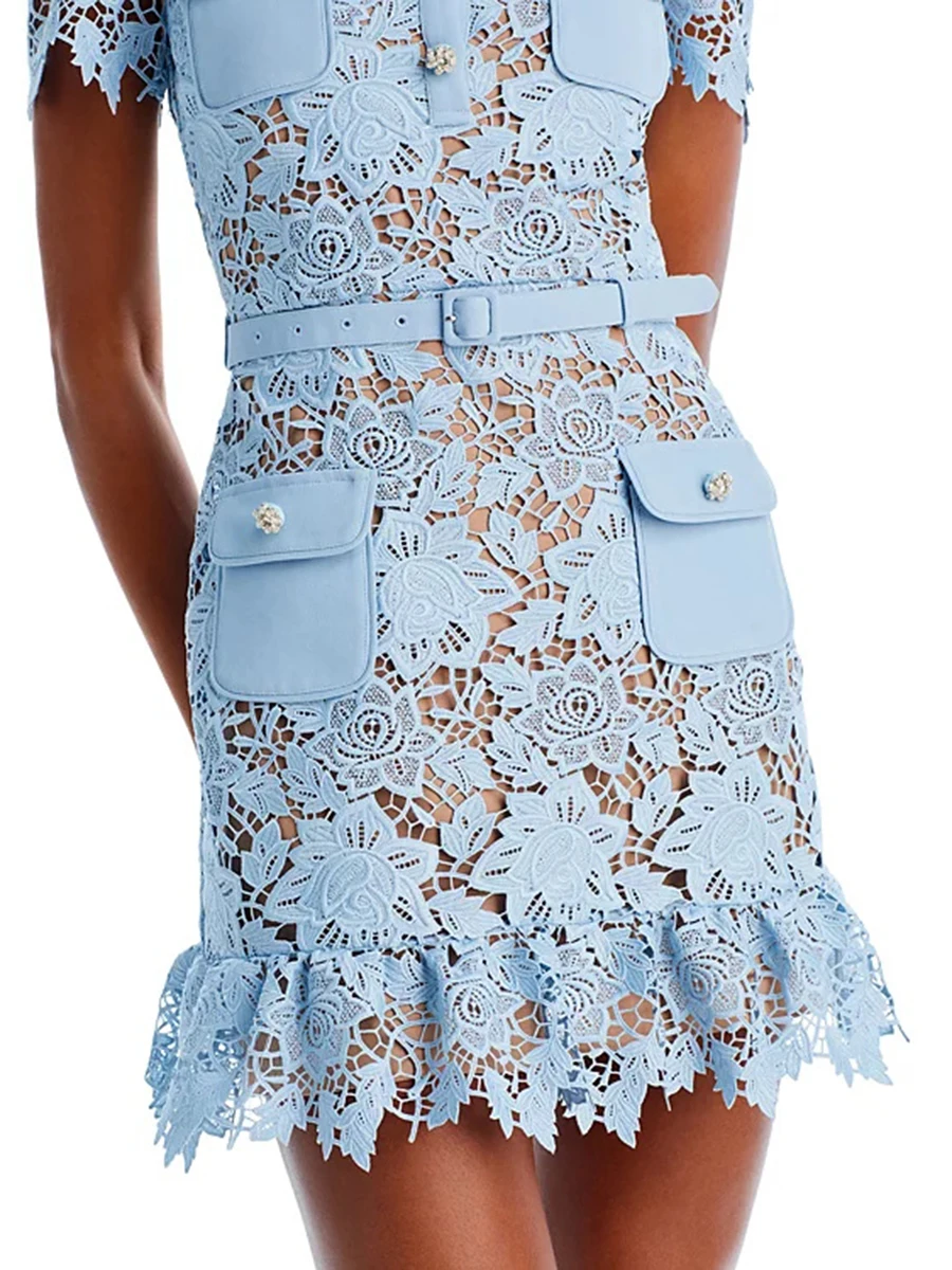 VGH Aushöhlen Stickerei Solide Kleider Für Frauen Revers Kurzarm Hohe Taille Verstärktes Tasche Sommer Mini Kleid Weibliche Mode