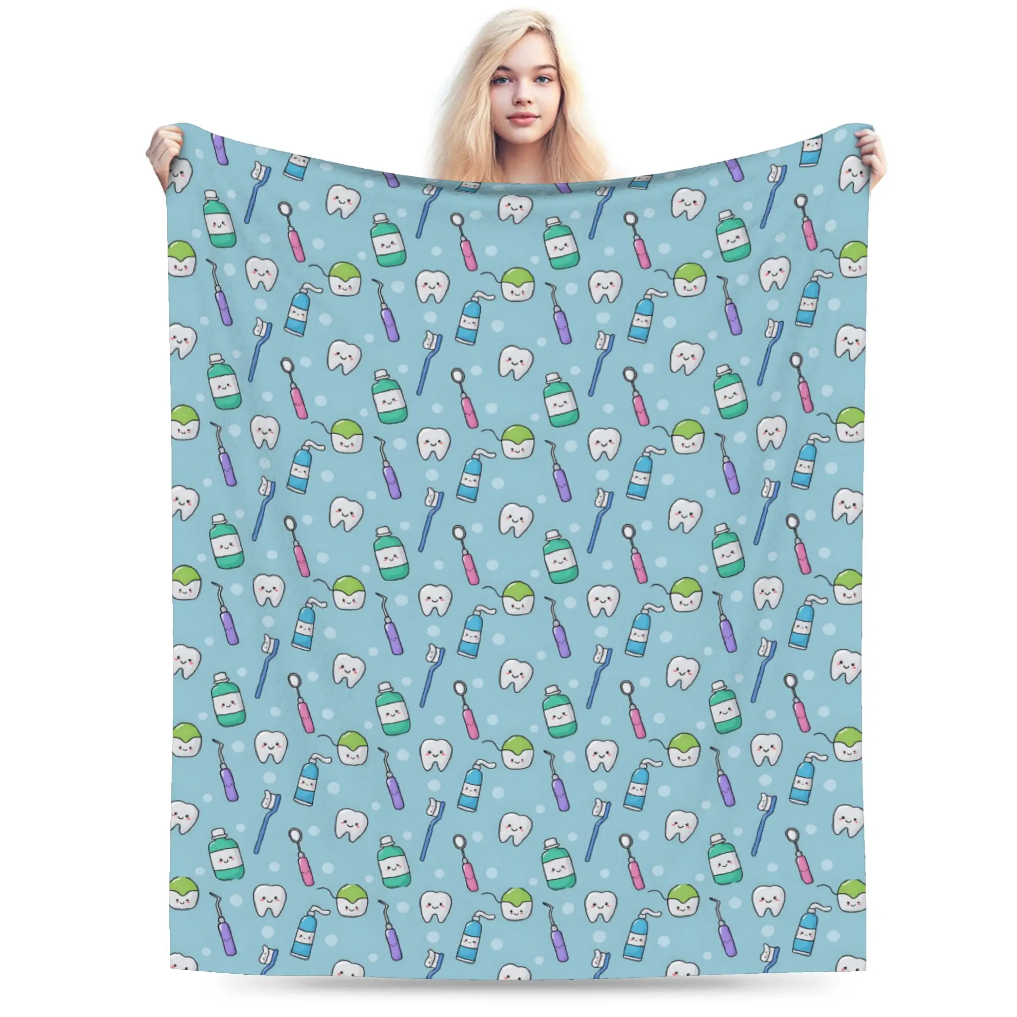 Custom Healthy Teeth Pattern Tooth Blanket Warm Fleece Soft Flannel Care Dental Health Throw Blankets for Bedding Sofa Outdoor
