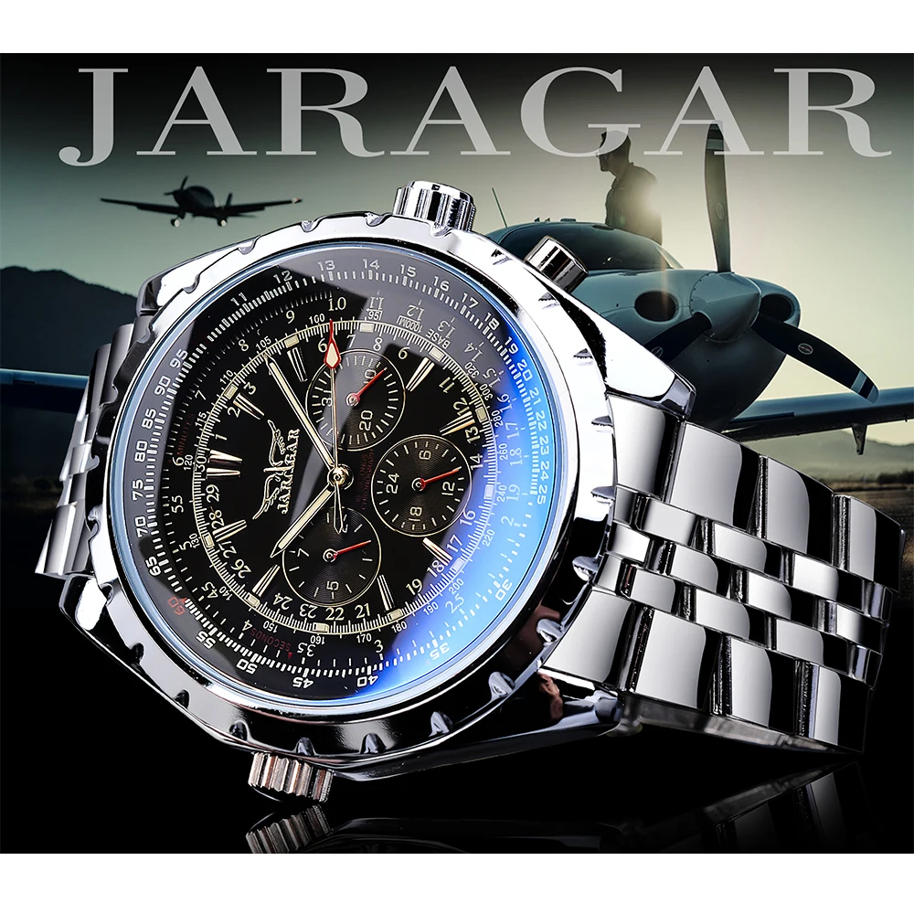 Jaragar – montre-bracelet automatique en acier inoxydable pour hommes, Design verre bleu, noir et argent, horloge de Date lumineuse, Business