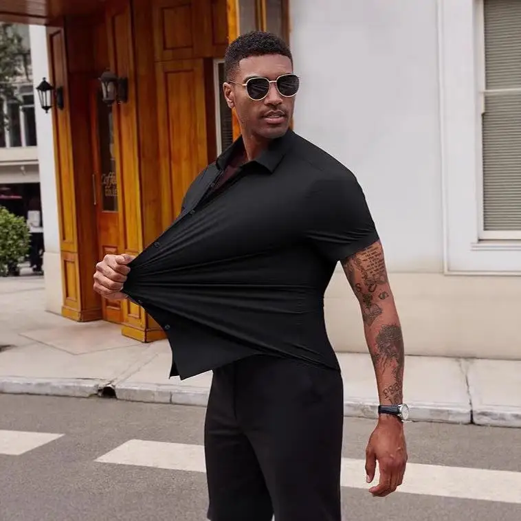 Men's Casual Wrinkle Sve Shirt 4 Way Stretch Slim Fit Dress Shirt No Brand Printed PU Leather Short Sleeve Square Collar