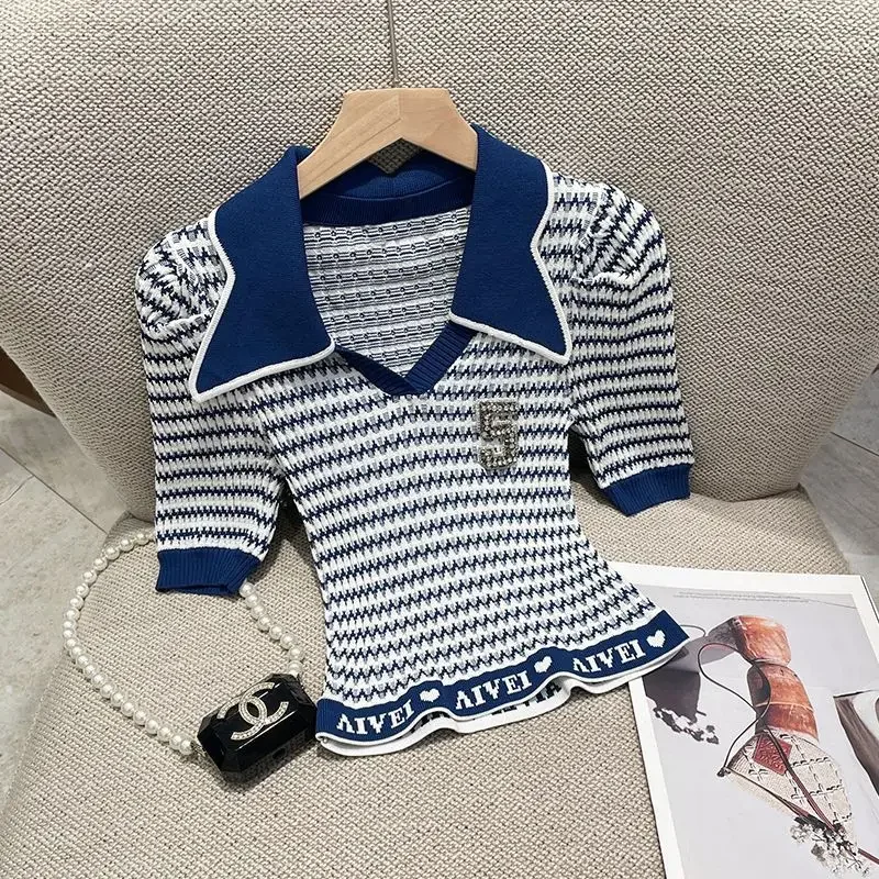 Camisetas con carácter para mujer, jerséis de manga corta a rayas con cuello Peter Pan, ropa para mujer, camiseta con letras, primavera y verano