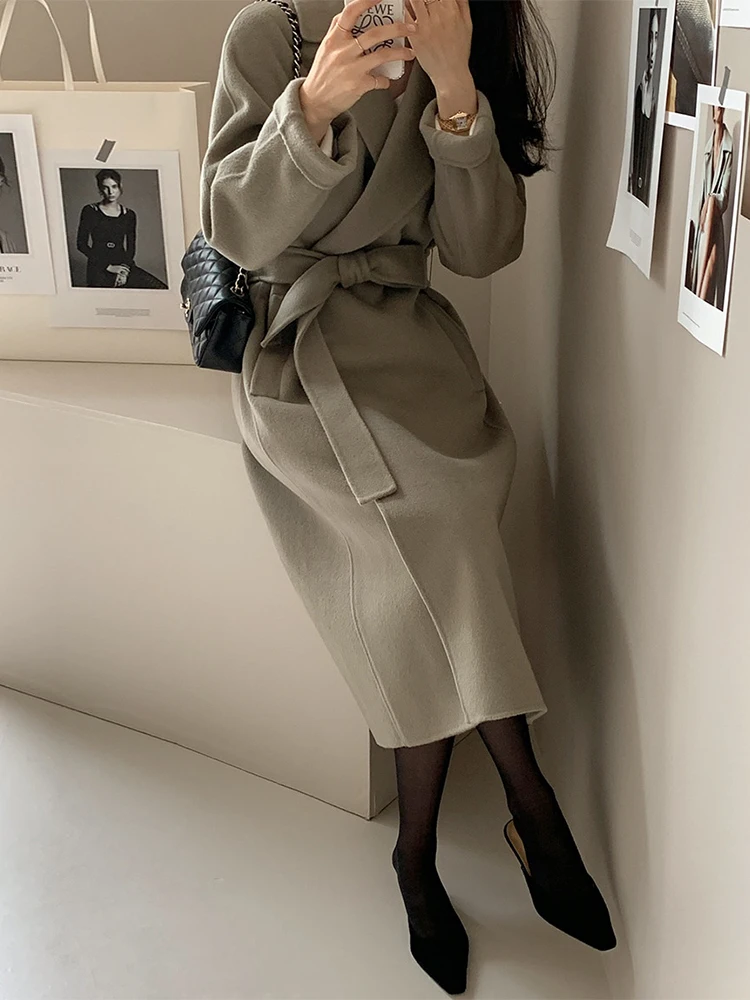Ele longo casaco de lã chique outono novo sle vintage gola com cinto emagrecimento outerwear para mulheres commute sle cor pura