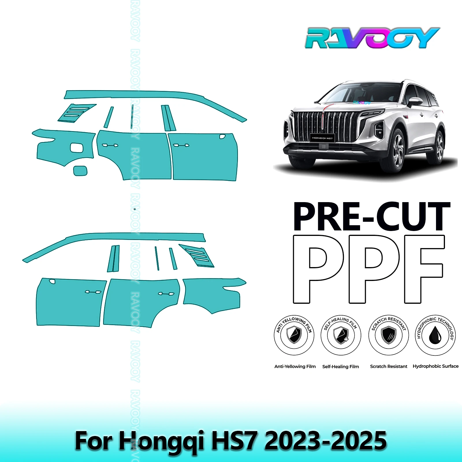 

For Hongqi HS7 2023-2025 8.5mil Clear Matte Pre-Cut PPF Door & A/B Pillar Kit TPU Paint Protection Film Set
