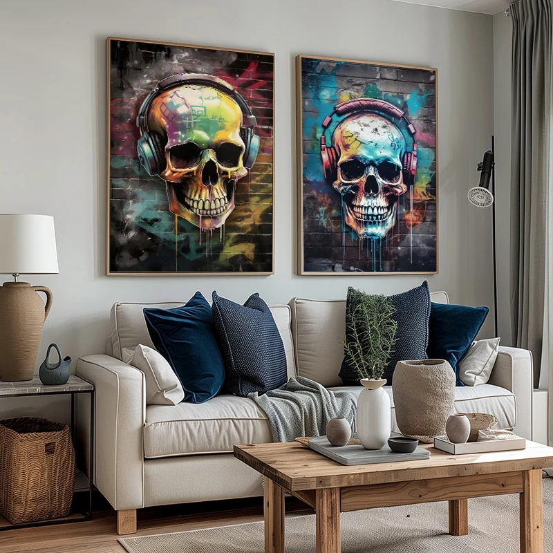 Abstract Skull with Earphone Pop Graffiti Art Canvas Painting Posters and Prints Street Wall Art Picture for Home Decor No Frame