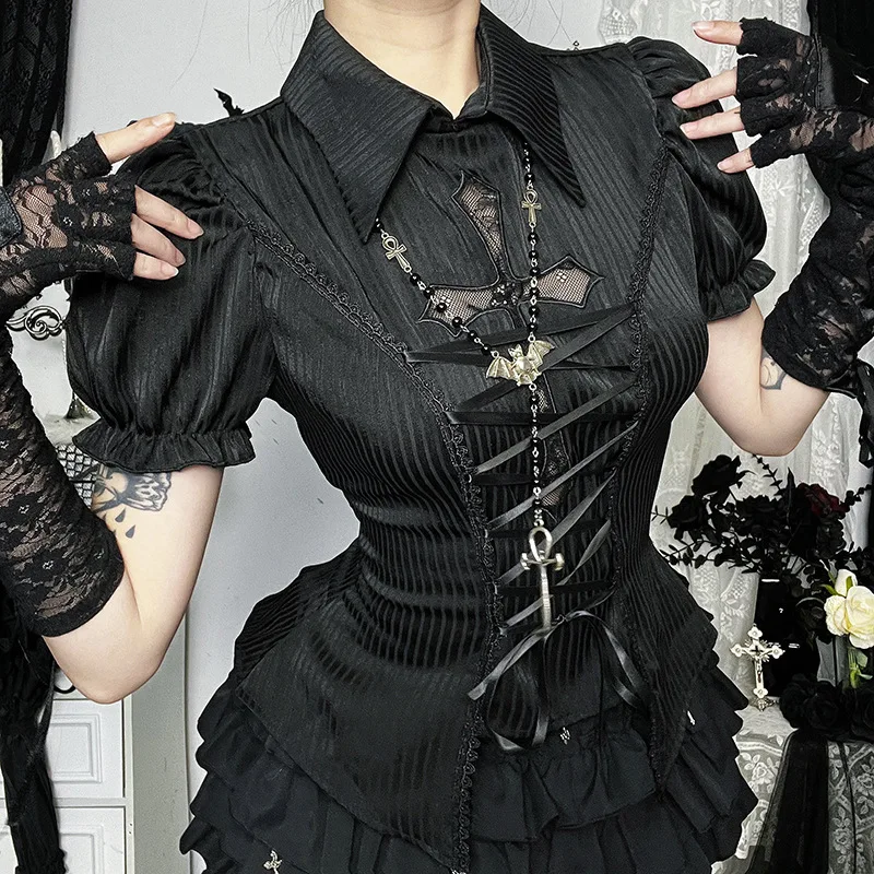 Bla Cross Hollow Lolita irt ort Sve Halloween Kostüm Cultural Subup Sle Ugly irt Damen Faion Top