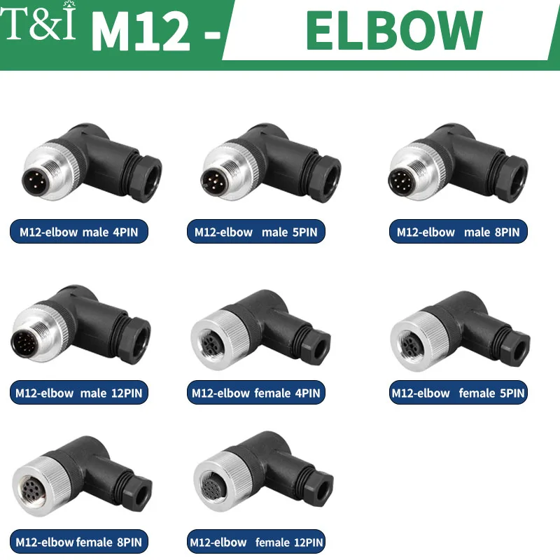 5/10/20 PCS M12 Elbow Male&Female 4/5/8/12P Sensor Connector Waterproof Aviation Plug Screw Threaded Coupling A Type