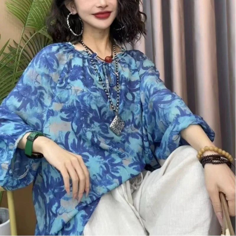 

Ethnic Style Cotton and Linen Women's 2024 Spring and Summer Patchwork O-Neck Printed Top Versatile Harlan Pants Casual T-shirt