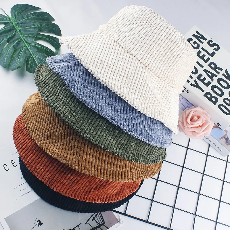 Bucket Hat Women Men\'s Corduroy Fisherman Hat Retro Fashion Autumn and Winter Hat Flat Bottom Bob Gorro Hip Hop Panama