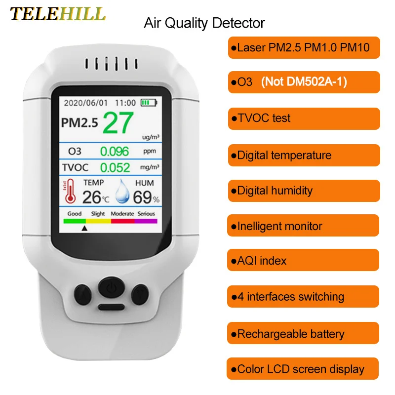 Portátil Ozone Medidor o3 Detector Qualidade do ar Detector Tvoc Pm2.5 Analyzer Sensor Detector de Gás Pm1.0 Pm10 05ppm o3 Tester