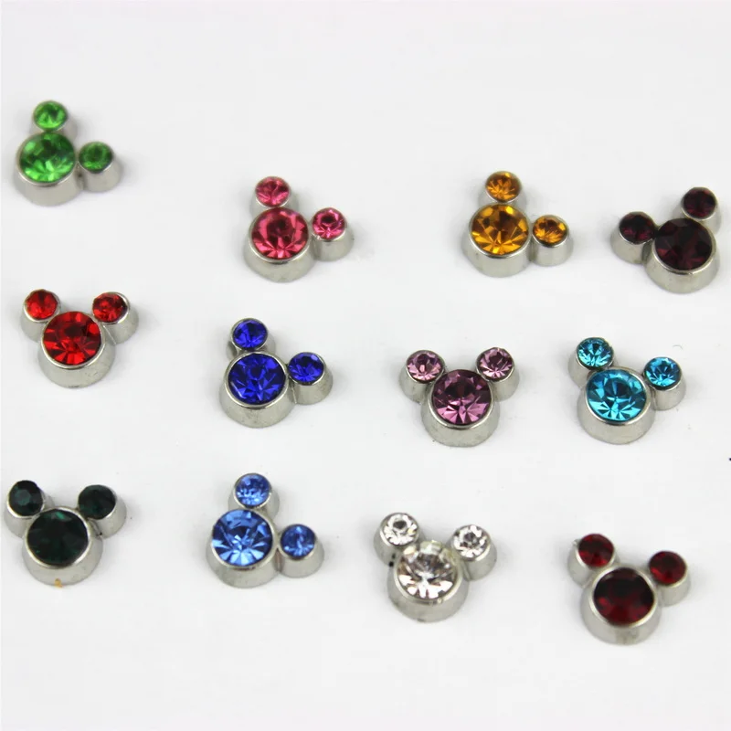 Hot Selling 120pcs/lot Mix 12 color Mouse Head Birthstone Floating Charms Living Glass Pendant Lockets