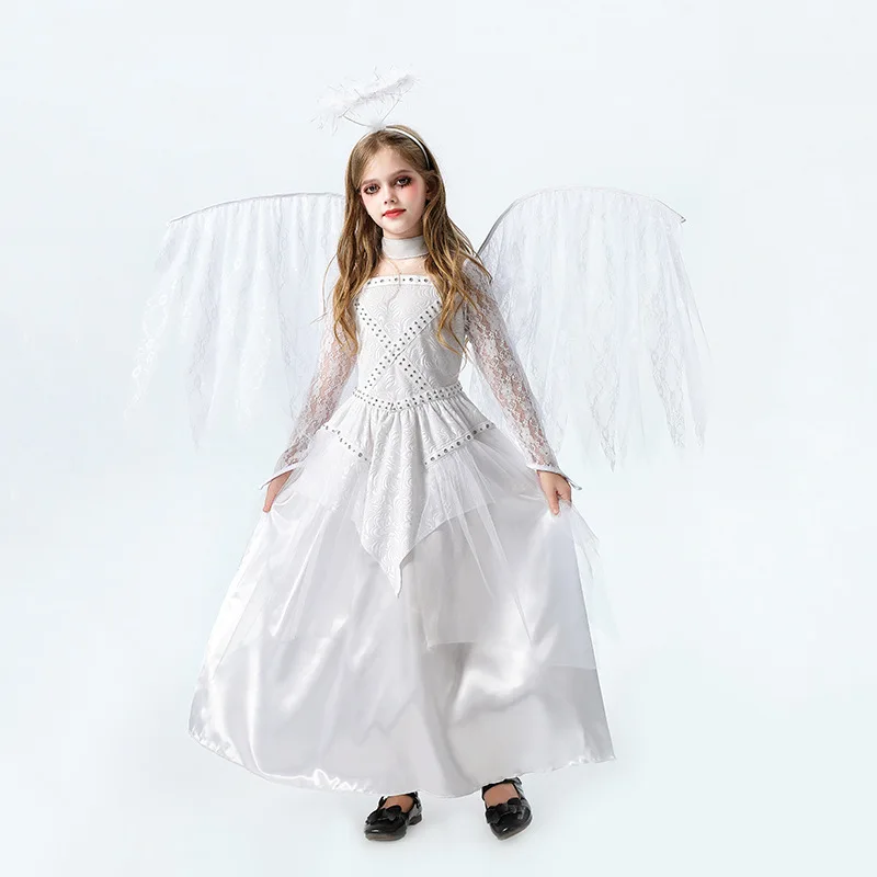 

Luxury Halloween Children's Costume White Angel Demon Girl Cos Catwalk Children's Clothing Stage Performance Dress