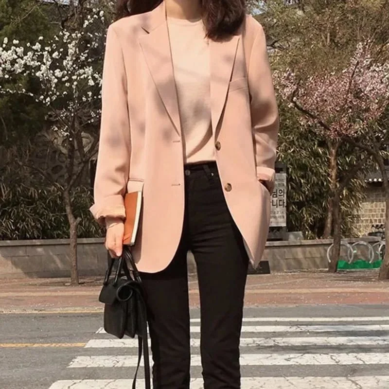 

GOOHOJIO 2020 New pink Chic Blazer Women Long Sleeve Office Ladies Blazer Autumn Jackets Outerwear Single Breasted Coats Women