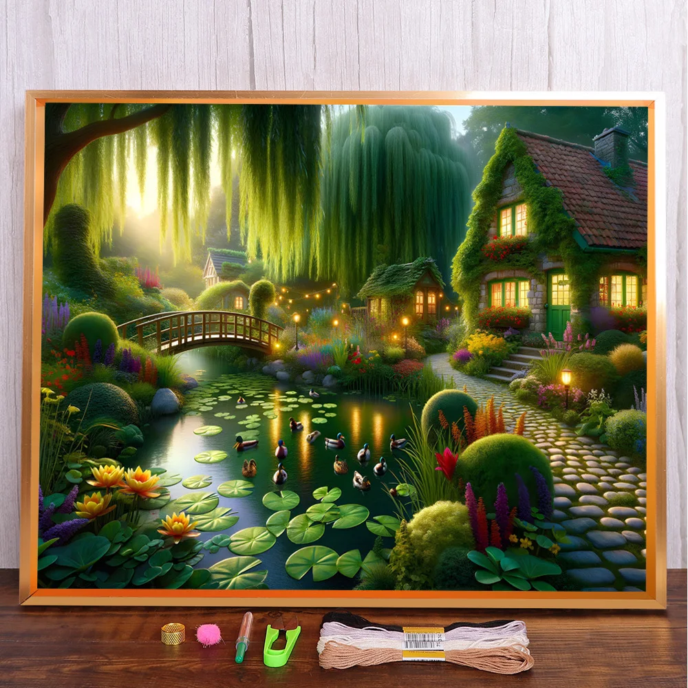 Scenery House By River Pre-Printed Cross Stitch DIY Embroidery Kit Handiwork Needlework Knitting Handicraft Counted Floss Mulina