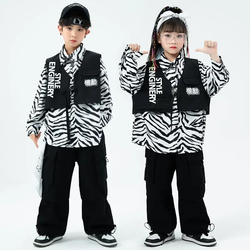 

Loose Zebra-Stripe Shirts Black Vest Pants Suit Children Jazz Dance Costumes For Girls Ballroom Hip Hop Clothing