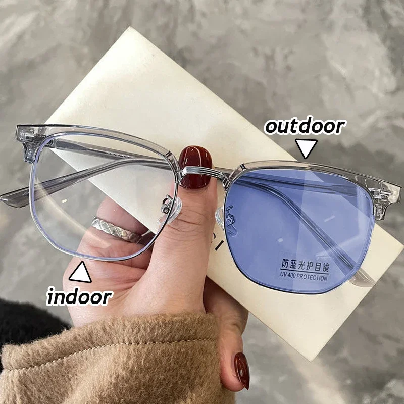 

Fashion Business Half Frame Photochromic Myopia Glasses Outdoor Sunglasses Color Changing Goggles Near Sight Eyeglasses