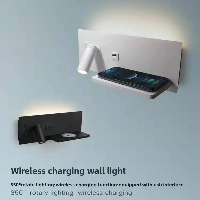 Hotel Bedroom Wall Lamp, Reading Spotlight with Wireless Charger USB Port, Wall Mount Sconce with Switch