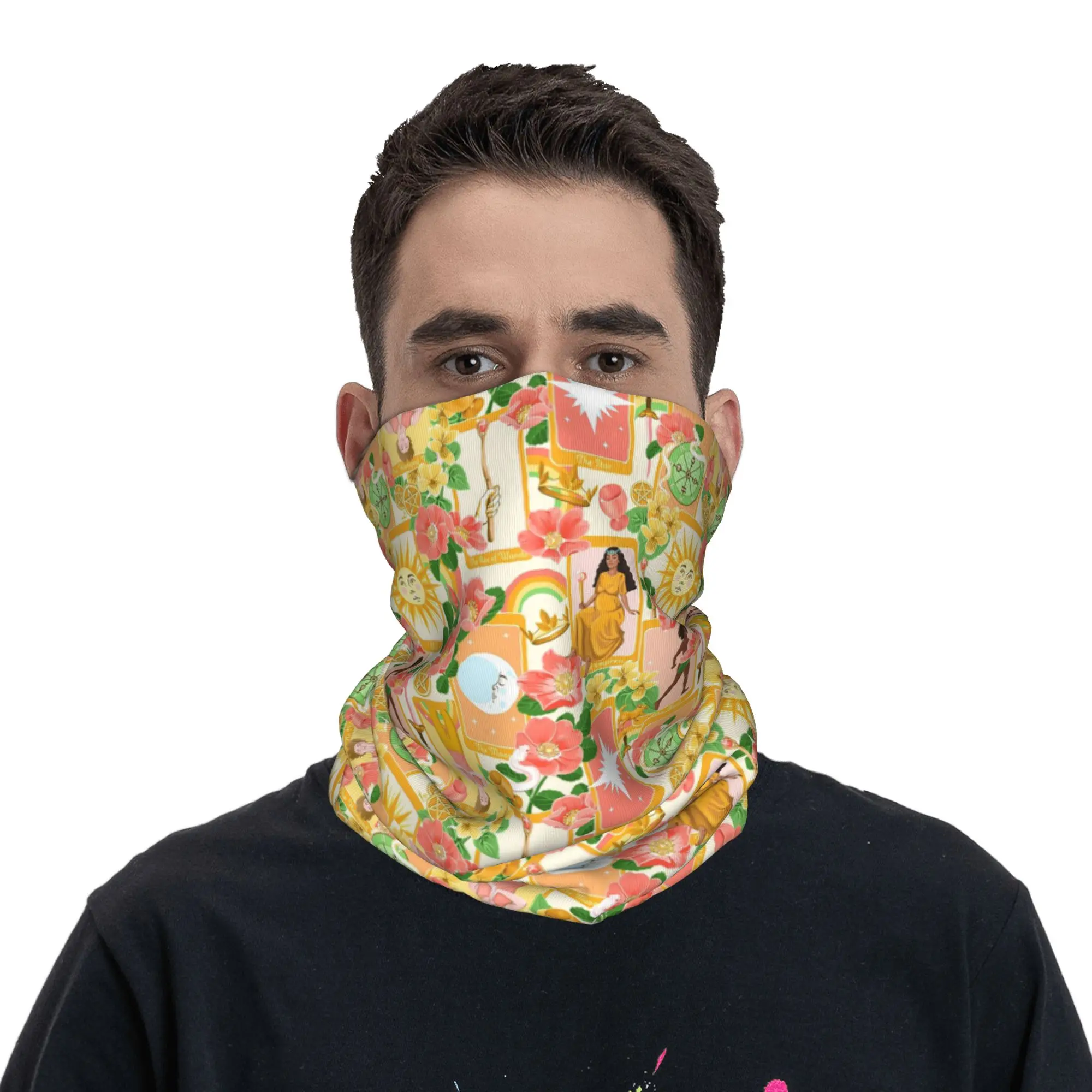 Tarot Cards and Wild Flowers pattern Bandana Neck Gaiter Printed Wrap Scarf Multifunction Headband Running Unisex Adult