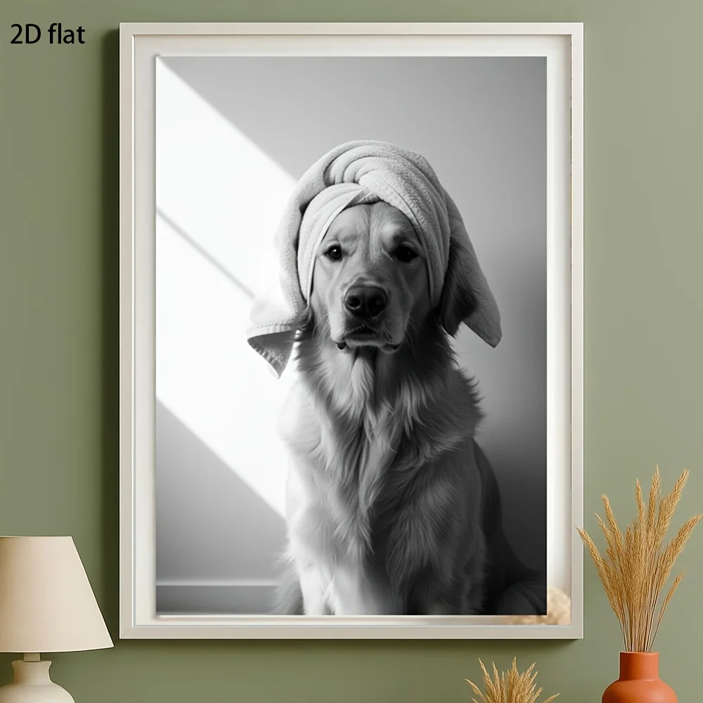 1pc, 2D Flat, Multi-Size Frameless Canvas Print, Golden Retriever Bathing Design: Funny Dog Wrapped in Towel, Creative Canvas