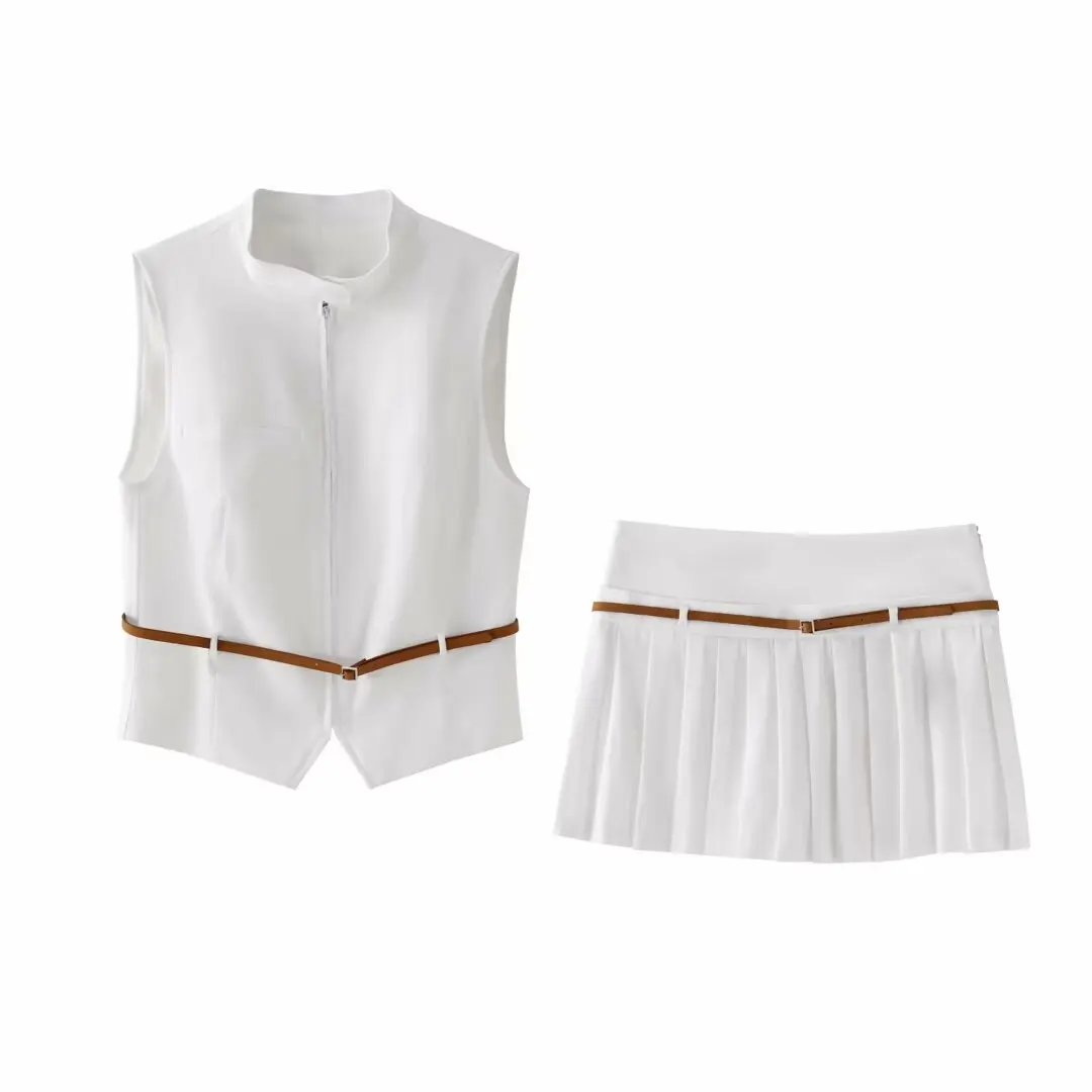 

HH TRAF Elegant Vintage Women Culottes Suit Zipper Belt Design Solid Sleeveless Vest Top+Slim Zipper Pleated Mini Skirt Shorts