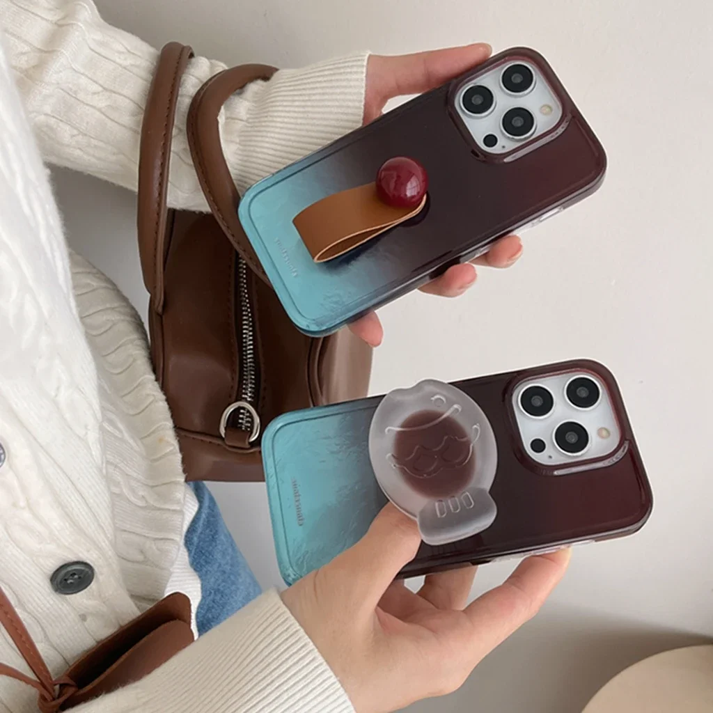 Retro Brown Blue Gradient Taiyaki With Holder With Ring Shockproof Protective Phone Cover Case for iPhone 16 15 14 13 12 Pro Max