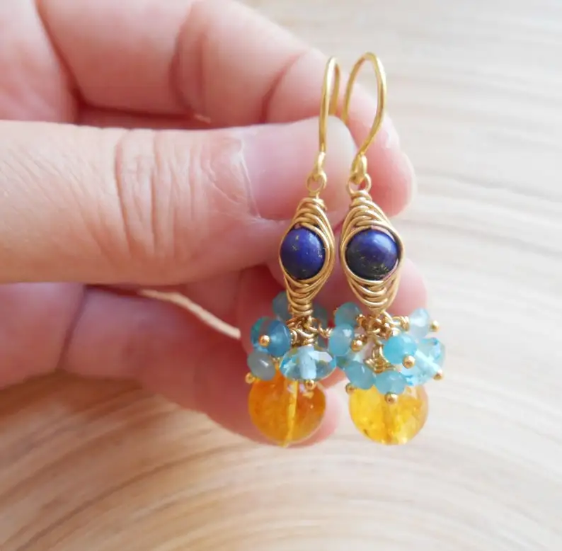 Roxanne الأحجار الكريمة العنقودية أقراط الأصفر الأزرق الداكن سلك التفاف استرخى قطرة سيترين اللازورد اليشم الذهب ملء نوفمبر