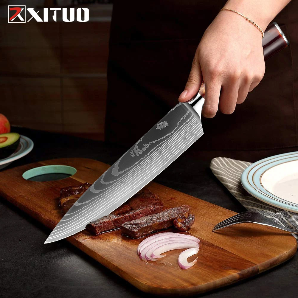 

XITUO 8 Inch Chef knife Sharp Kitchen Cooking Knife 7Cr17Mov stainless steel knife edge Ergonomics Red resin handle With sheath