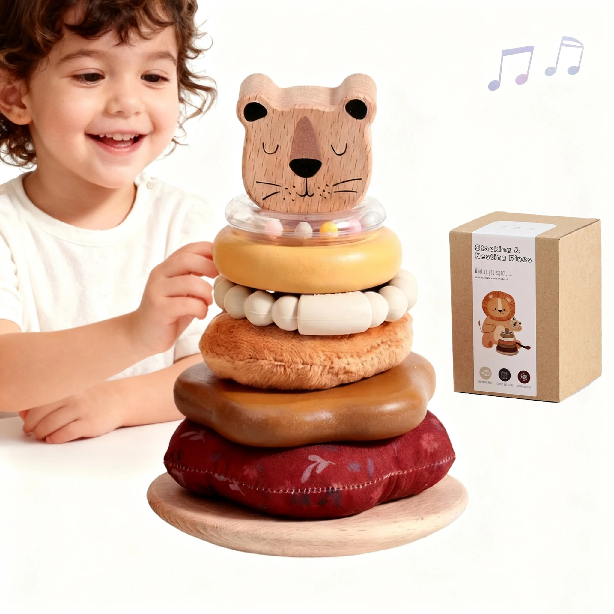 Cartoon Lion Baby Pole Stack Toy Wooden Montessori Building Game Soft Cotton Baby Teether Rattle Gifts For Children Sensory Toys