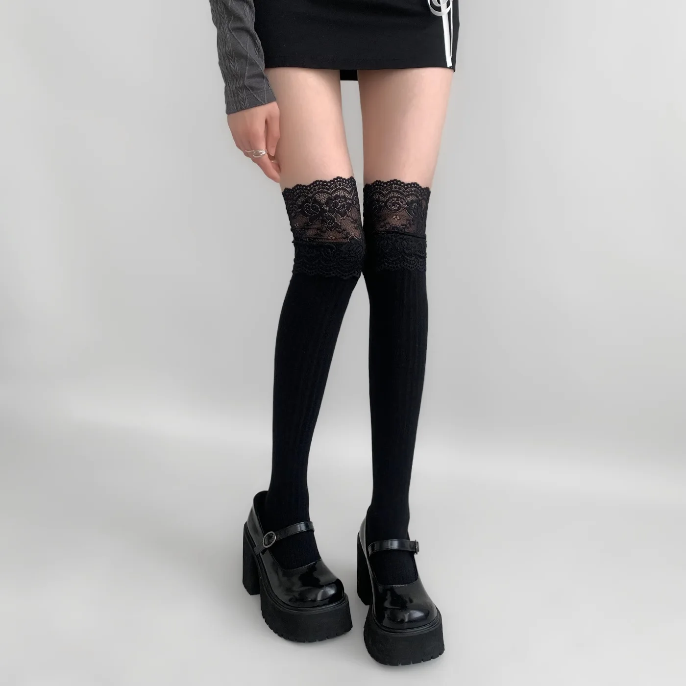 Sexy Spitzenstrümpfe für Damen, oberschenkelhoch, über dem Knie, einfarbig, warme Stiefelsocken im Lolita-Stil – Detail 15