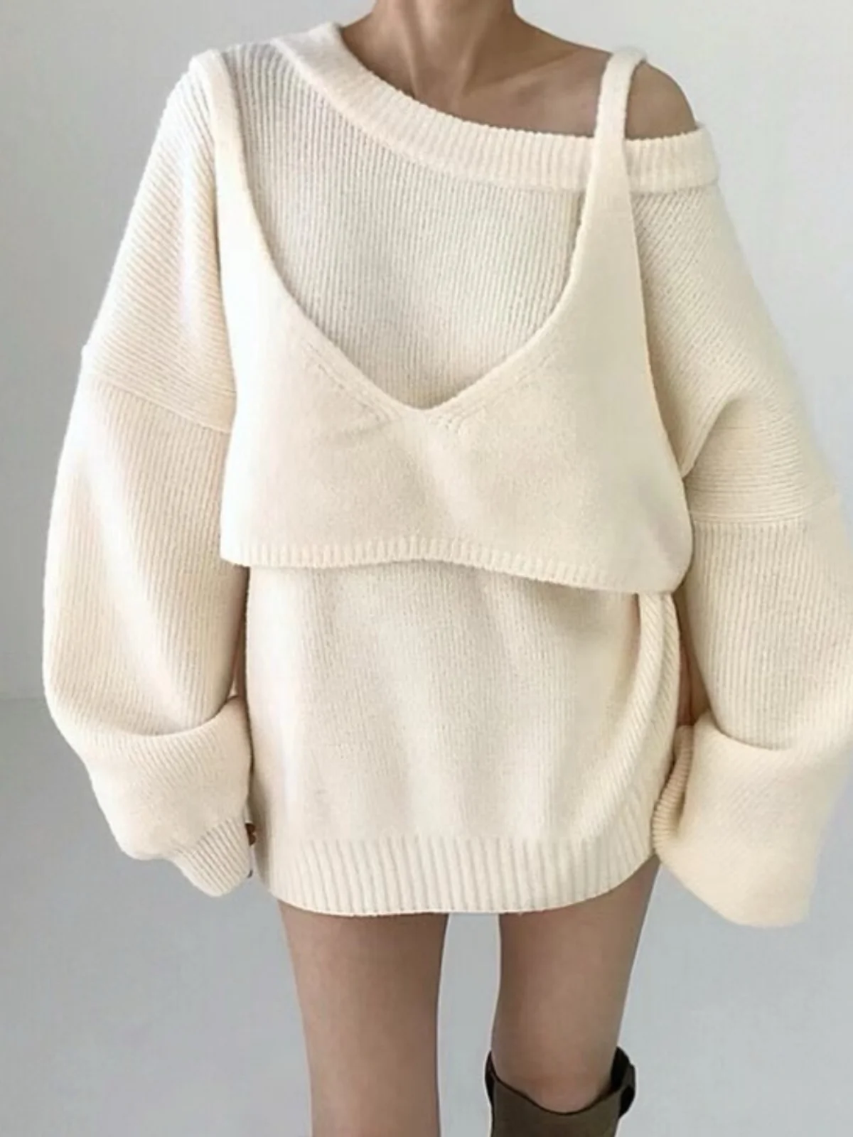 

Loose Knitted Vest Top with Knot Ba Design Outerwear Set Casual Lazy Sle Cotton Sweater Coat for Women