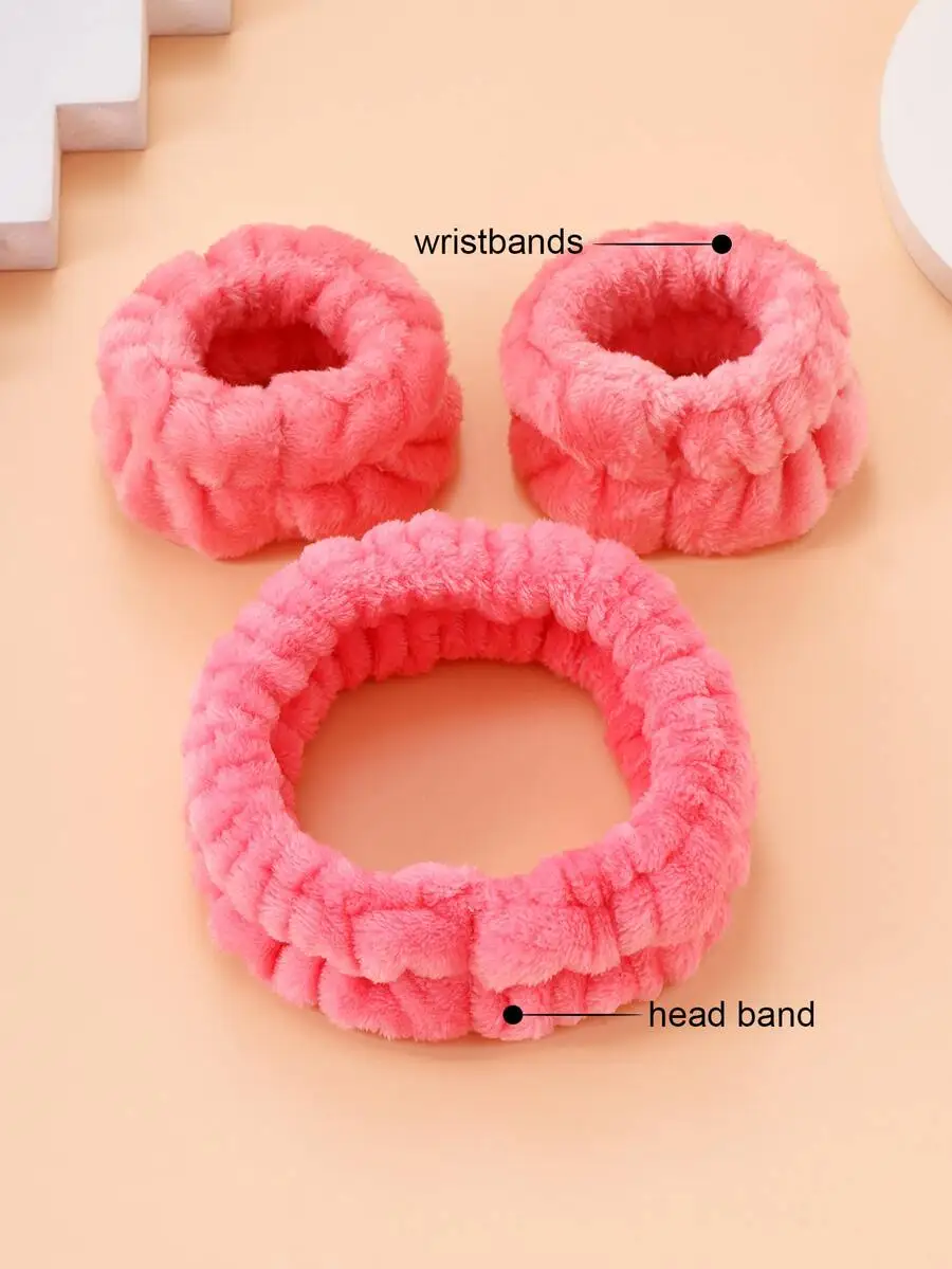 

3pcs Soft Plush Headband And Wristbands For Face Washing Hair Wrapping