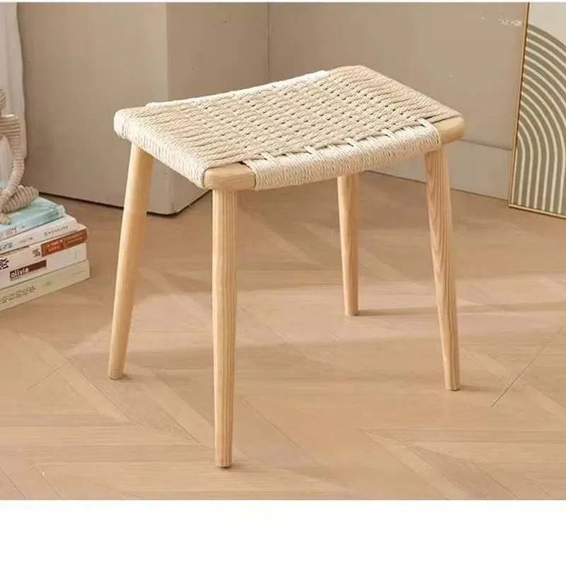 Modern Minimalist Ash Wood Solid Wood Woven Seat Stool Simple Art Design Footstool for Bedroom Entrance Changing Clothes