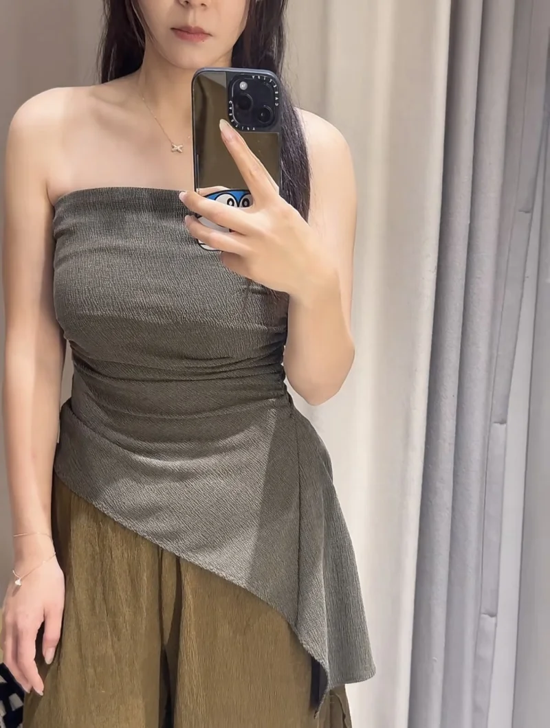 LIBIELIY Summer Women's Sexy Asymmetrical Texture Off-the-shoulder Straight-neck Wraparound Chest Fashion Top