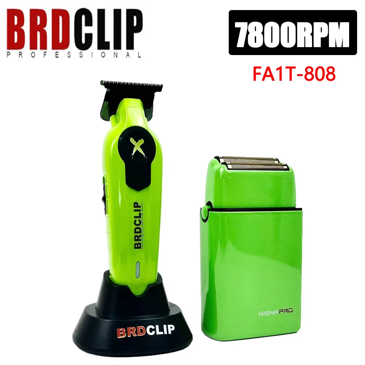 BRDCLIP 2PC FA1T 808 Green Barber Shop Men's Professional Haircut Clipper 7800 RPM Electric Cordless High Power Hairdresser