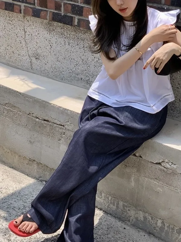 

New Women's Elastic Waist Denim Pants Hong Kong Sle Chic Retro Faion Dstring Loose Versatile Wide Leg Design Summer 2025